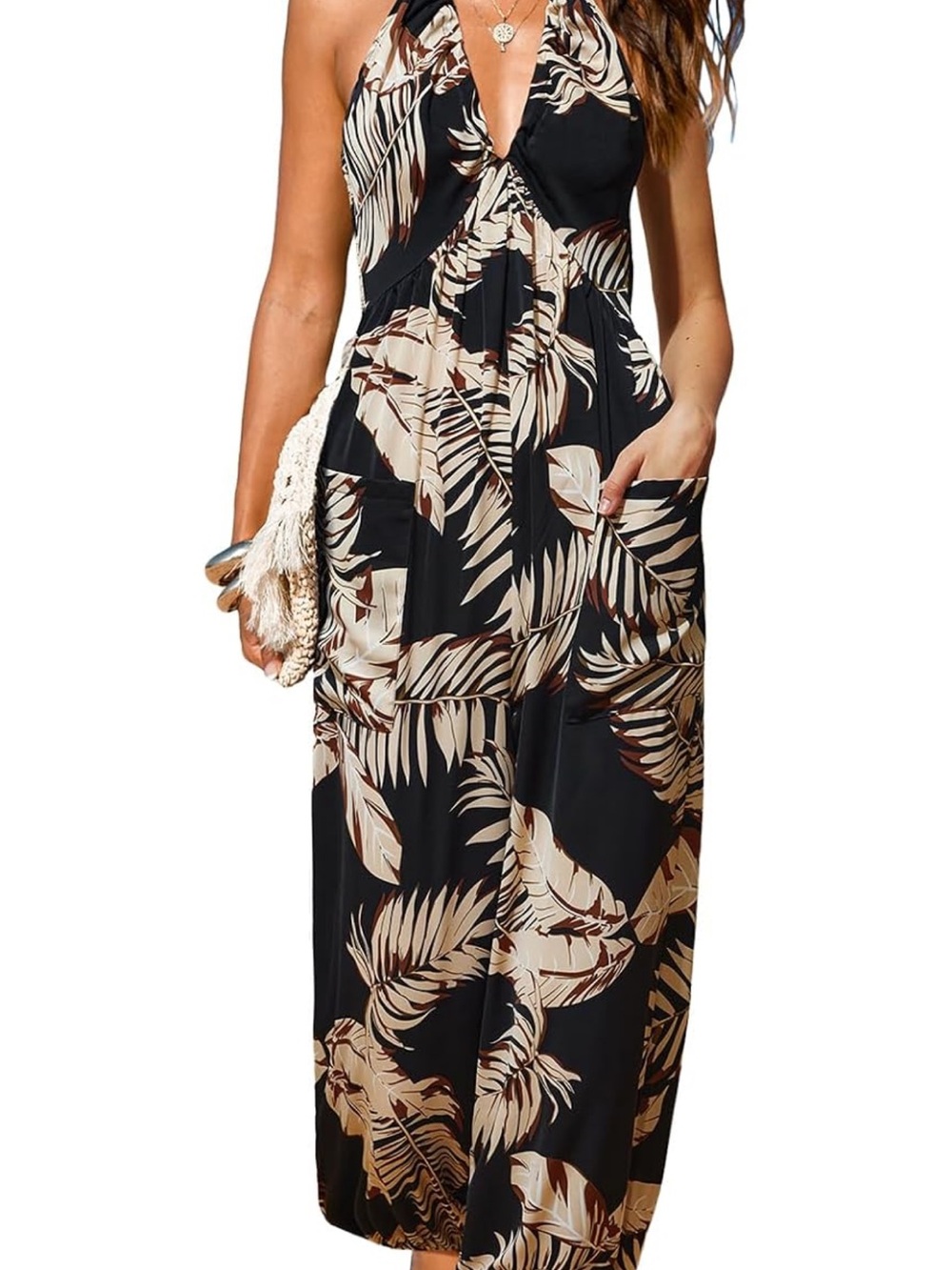 Cupshe Black Halter Maxi Dress with Beige Leaf Print